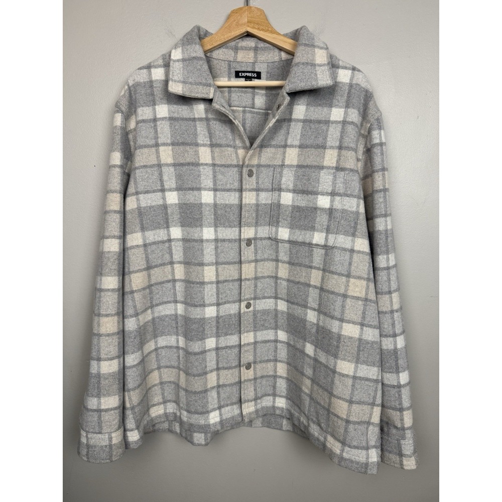 Express Gray Plaid Wool Blend Shirt Jacket Shacket Mens XL Minimalist Cozy Layer